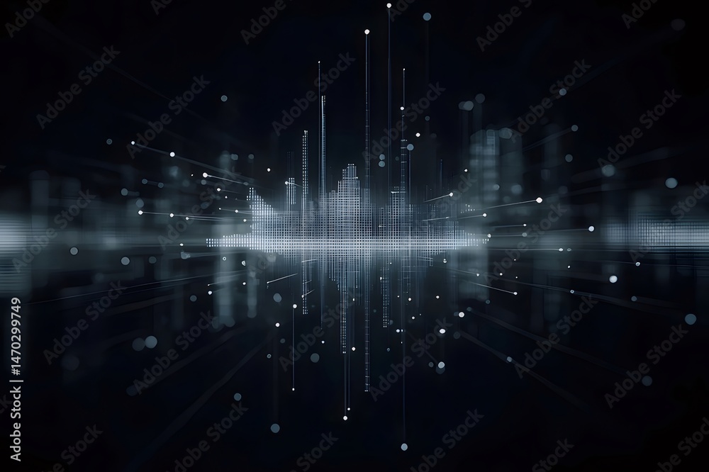 Aufkleber 抽象的なデジタル都市景観 未来的なテクノロジーネットワーク接続データ通信情報の背景に最適