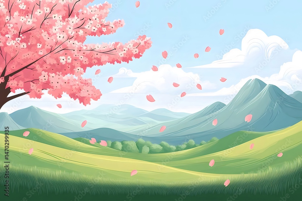 Poster 緑豊かな丘と山の景色の背景に咲く桜とピンクの花びらと青空のピクセルアートスタイルのイラスト 春の日本の風景をイメージ