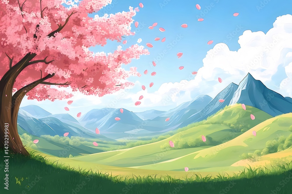 Aufkleber ピンク色の桜の木々が咲き誇る春の日本の風景と緑豊かな丘と青い空とピクセルアートのイラスト