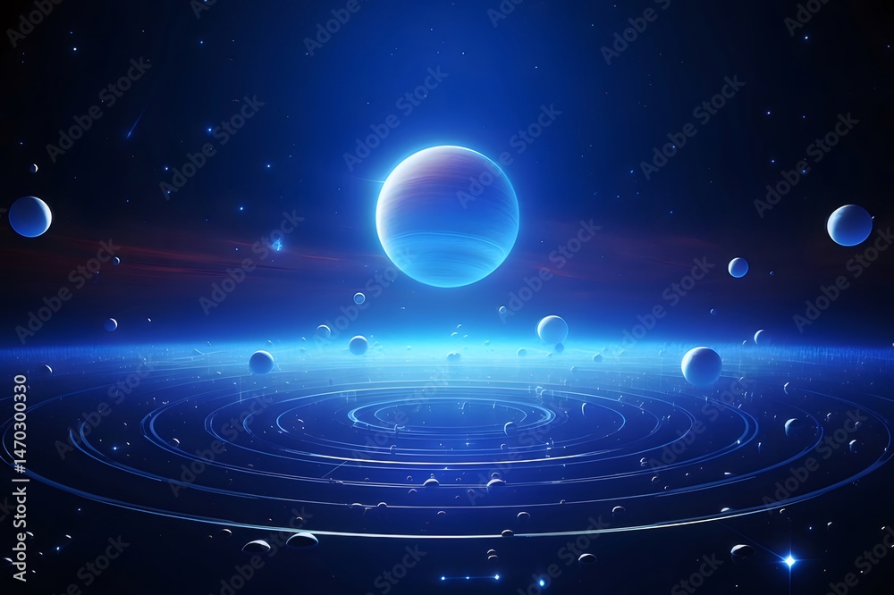 Aufkleber 青いボクセルスタイルの惑星と宇宙の背景 星空と軌道が特徴的な夜空の抽象的な宇宙のイラスト