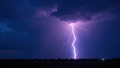 Dramatic bolt of lightning striking a dark, stormy sky at night , power, electrical storm
