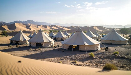 Luxurious Desert Glamping Tents Under a Clear Sky Amidst Rolling Sand Dunes