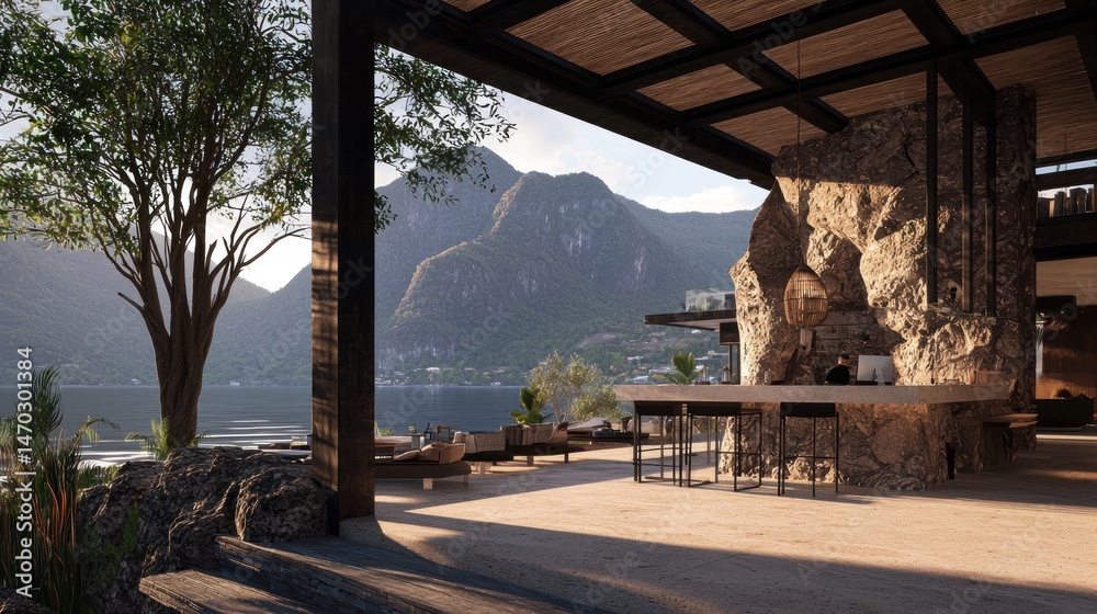 Aufkleber luxury lakeside bar with mountain and open area views