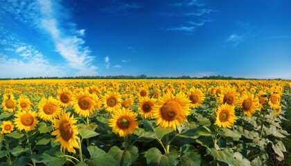 Fototapeta premium panoramic image of a colorful field of sunflowers against a blue sky