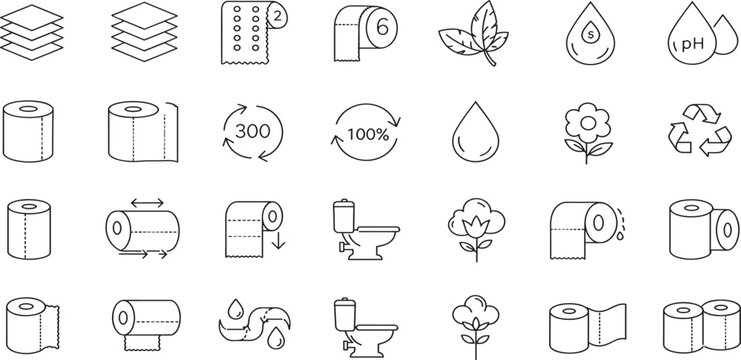Toilet paper roll editable stroke outline icons set isolated on white background flat vector illustration. Pixel perfect.