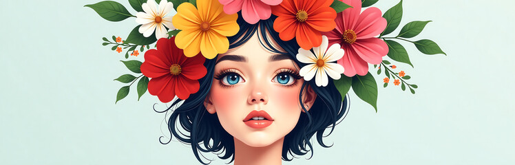contemporary portrait woman depicted wearing intricate arrangement colorful flowers beautiful art