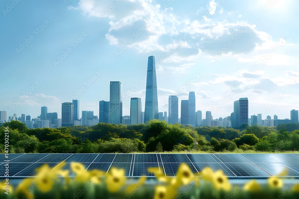 Poster 明るい青空の下の太陽光パネルと緑豊かな都市景観の高層ビル群 未来的なエネルギー 都市景観と環境保護への取り組みを示す