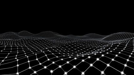 Abstract Futuristic Landscape with Grid Structure and Dots on Black Background in Digital Style