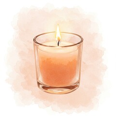 Burning Orange Candle in Glass Holder Watercolor Illustration
