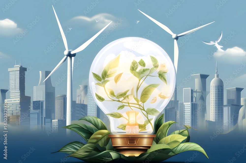 Poster 電球の中の花と風力タービンが付いた青い都市の風景のイラストは持続可能なエネルギーの概念を表現しています