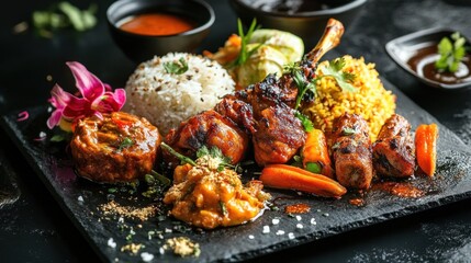 Colorful platter of diverse Indian cuisine.  Various dishes including rice, roasted meats, vegetables, and sauces.  A visually appealing presentation