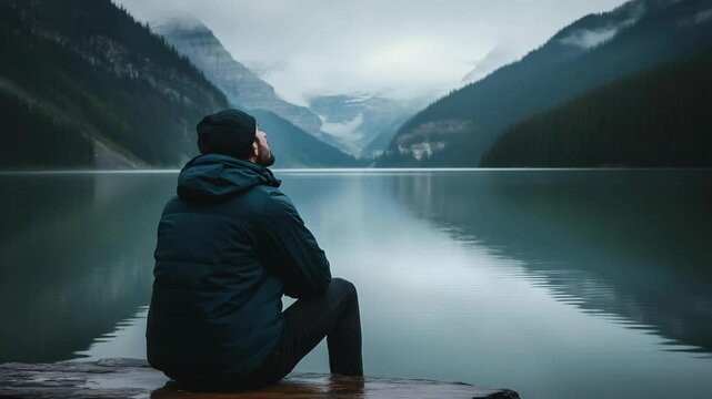 Man contemplating mountain lake scenery, wearing winter jacket and cap sitting on stone