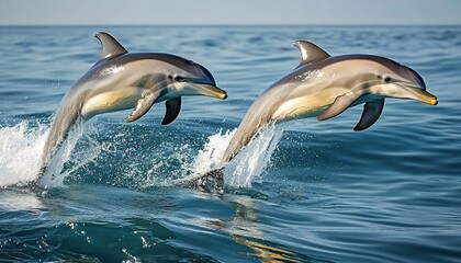 Obraz premium Two dolphins leaping from clear blue ocean near tropical island with palm trees, sandy beach, and cloudy sky.