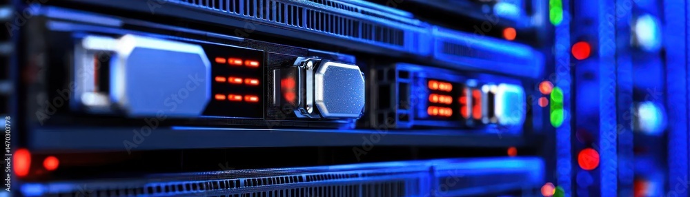 Poster detailed view of a rack server data center cabinet