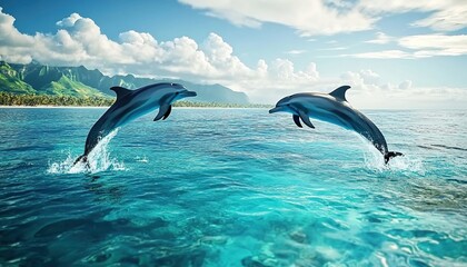 Obraz premium Two dolphins leaping from clear blue ocean near tropical island with palm trees, sandy beach, and cloudy sky.