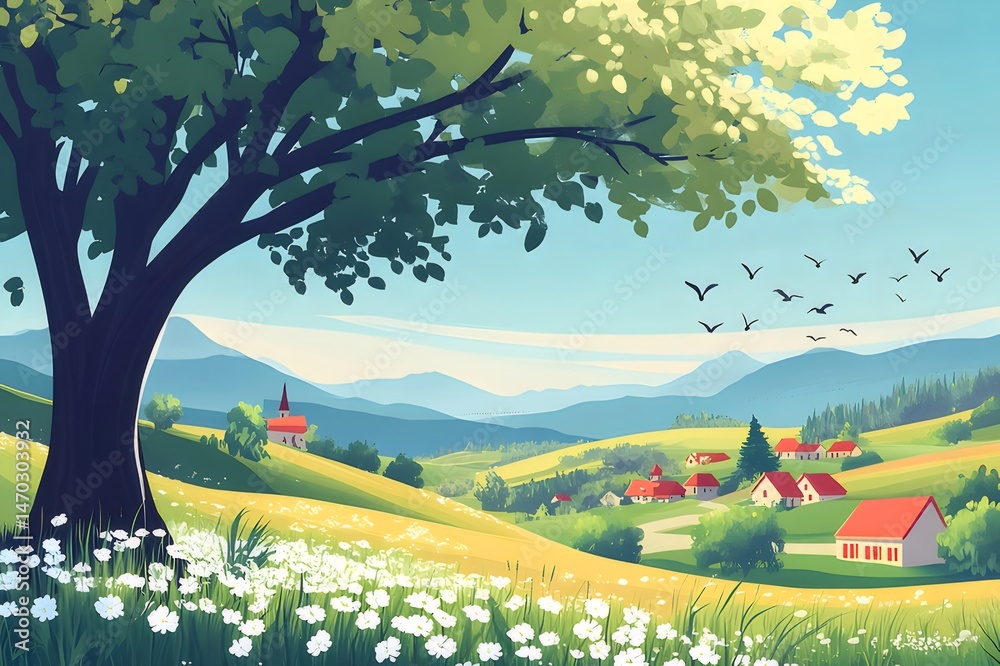 Poster 緑豊かな風景の中のピクセルアートの村 日当たりの良い空の下の山の背景に花が咲き 鳥が飛び交う 大きな木が前景に立っている 田園風景