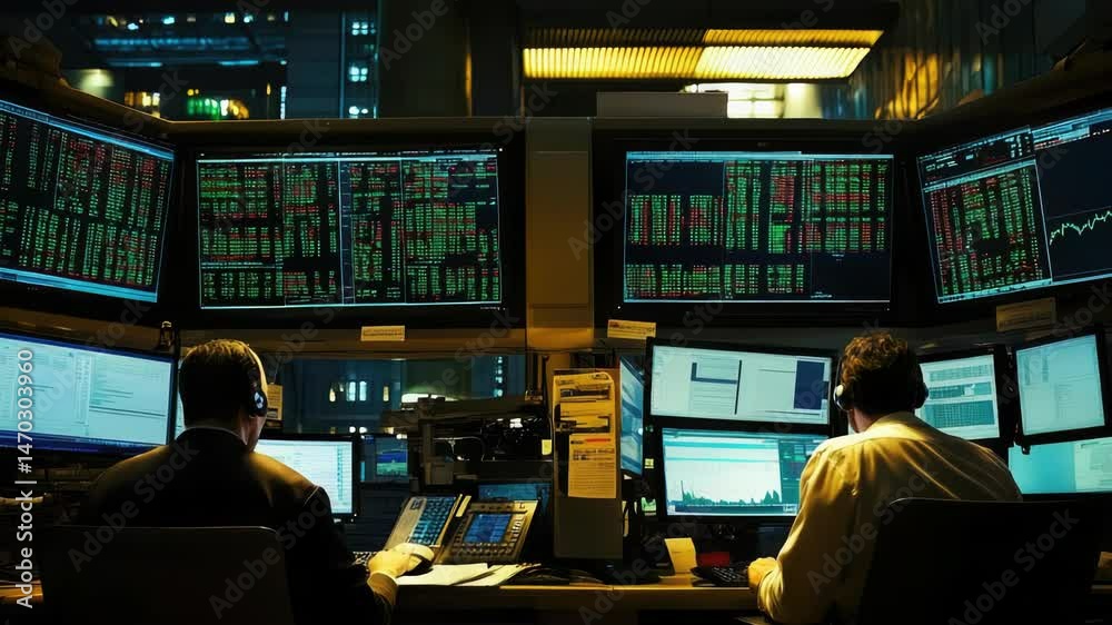 Poster Men working together on computer screens with multiple monitors