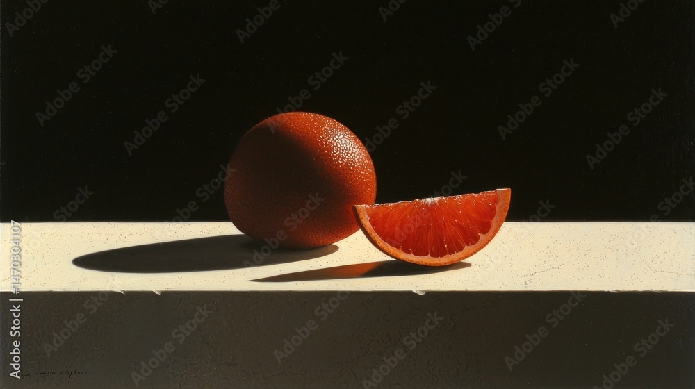 Poster A ripe grapefruit and its slice resting on a surface