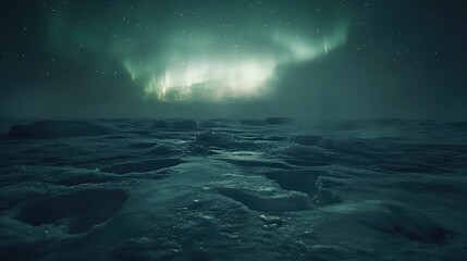 A breathtaking aurora borealis illuminates a vast expanse of icy terrain.  Vast, frozen landscape under a vibrant aurora