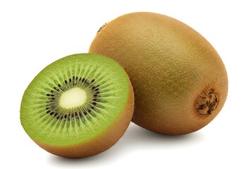 Fototapeta premium Close up of a whole and half kiwi fruit on a white background