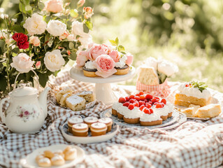 cupcakes with cream and strawberries in a picnic setting with flower decoration