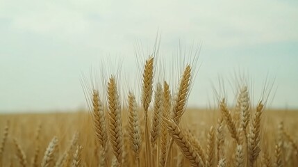 Fototapeta premium Golden wheat stalks in a vast field under a pale sky.