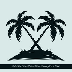 Two palm trees crossing each other, clean silhouette style, on a beach hilltop, minimal island background, isolated white background