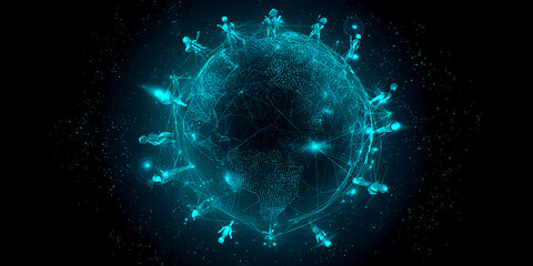 Abstract teal glowing globe with figures, symbolizing global network, connection, and communication.  Digital art, perfect for technology or futuristic concepts