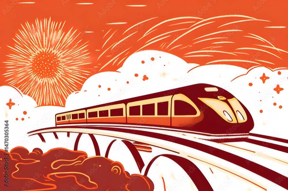 Poster オレンジ色の背景に花火が上がる橋を高速で走る未来的なピクセルアート列車