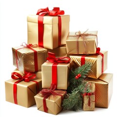 Obraz premium Golden Gift Boxes with Red Ribbons Isolated on White Background, Christmas, Holiday
