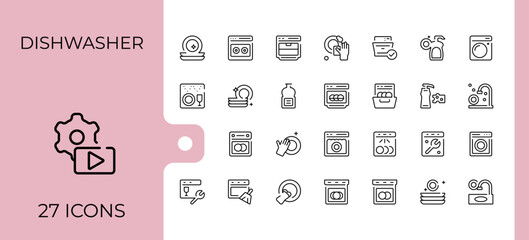 Set of Dishwasher line icon. Related to hygiene, anti-bacterial, clean, washing, bath, wash. UI icons set in a thin style. Dish icon set. Vector illustration.