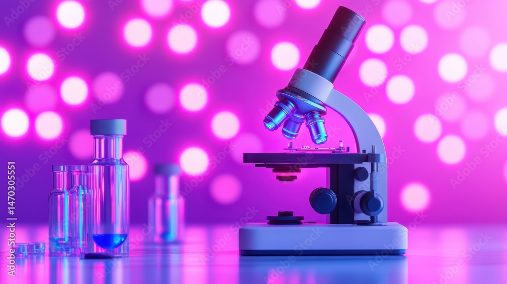 Poster modern laboratory microscope on table with glass vials and colorful bokeh background for science and