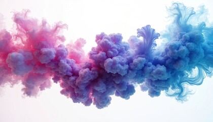 Naklejka premium Abstract ink cloud explosion in water. Swirls of purple blue pink colours on white background. Modern art wallpaper, watercolor texture, artistic design. Smoke, fluid, dynamic motion. For