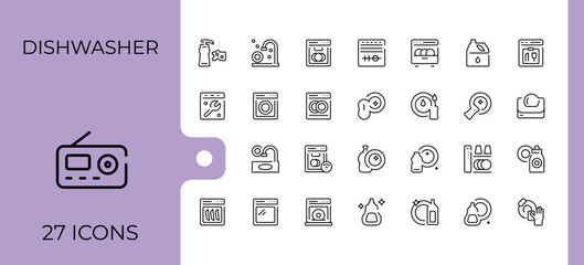 Set of Dishwasher line icon. Related to hygiene, anti-bacterial, clean, washing, bath, wash. UI icons set in a thin style. Dish icon set. Vector illustration.