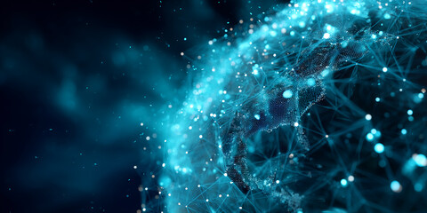 Abstract blue globe, glowing points forming network, dark background, symbolizes global connection, digital world, technology, futuristic concept