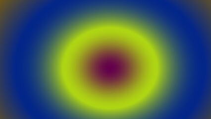 Concentric circles of vibrant yellow, lime, and purple hues gradually fading into a deep blue background