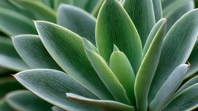 Close-up of vibrant green agave leaves showing textured foliage and pointed tips in a symmetrical botanical arrangement, nature's pattern and leaf structure
