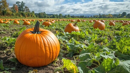 Pumpkin patch, ripe pumpkins on field