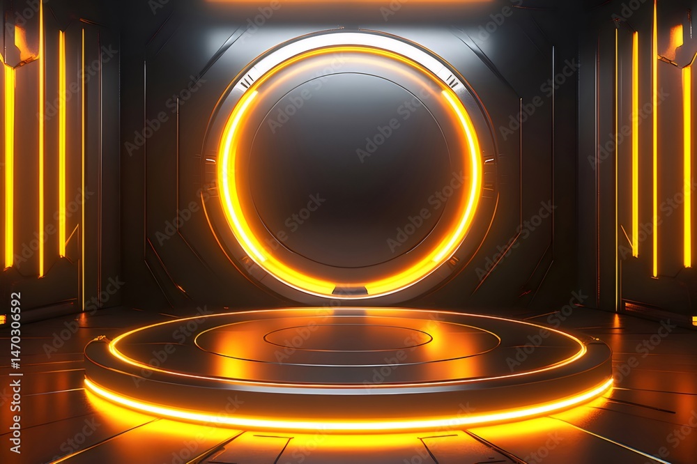 Poster オレンジ色のネオンライトに照らされた未来的なリング状のステージと幾何学的な背景