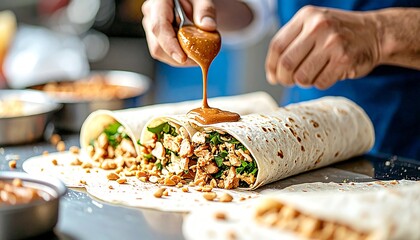 Delicious Chicken Wrap Preparation Close Up Chef Drizzling Peanut Sauce on Savory Filling