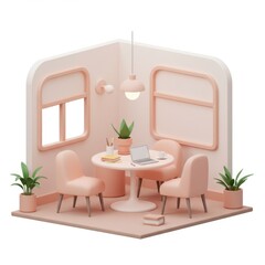 Pastel Pink Minimalist Home Office 3D Render