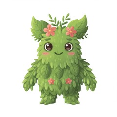 Cute Green Fluffy Monster with Flowers