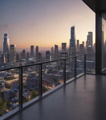 Sleek city skyline view from modern apartment balcony, chic, stylish, sunset
