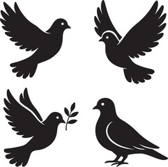 Fototapeta premium Black Silhouette Dove Bird Set With Olive Branch Vector Illustration
