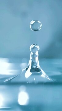 Slow-motion, vertical, macro footage of water droplets rising and falling in perfect balance