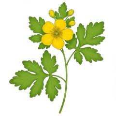 Yellow Celandine Flower with Green Leaves Illustration