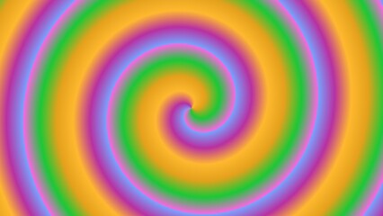A vibrant, multicolored spiral design featuring gradient hues of orange, pink, green, and purple