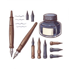 Vintage Wooden And Metal Dip Pens Inkwell Set