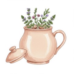 Beige Clay Pot with Herbs and Flowers Illustration