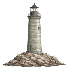 Stone Lighthouse on Rocky Coast Illustration